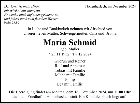 Traueranzeige von Maria Schmid von Bietigheimer Zeitung