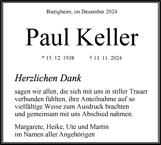 Traueranzeige von Paul Keller von Bietigheimer Zeitung