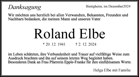 Traueranzeige von Roland Elbe von Bietigheimer Zeitung