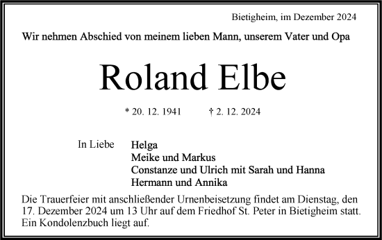 Traueranzeige von Roland Elbe von Bietigheimer Zeitung