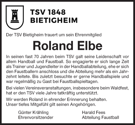 Traueranzeige von Roland Elbe von Bietigheimer Zeitung