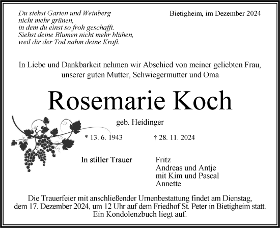 Traueranzeige von Rosemarie Koch von Bietigheimer Zeitung