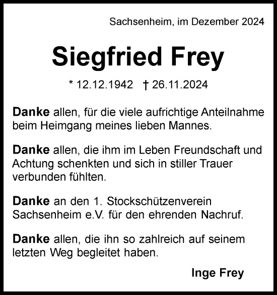 Traueranzeige von Siegfried Frey von Bietigheimer Zeitung