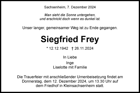 Traueranzeige von Siegfried Frey von Bietigheimer Zeitung