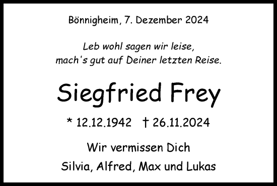 Traueranzeige von Siegfried Frey von Bietigheimer Zeitung