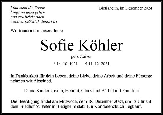 Traueranzeige von Sofie Köhler von Bietigheimer Zeitung