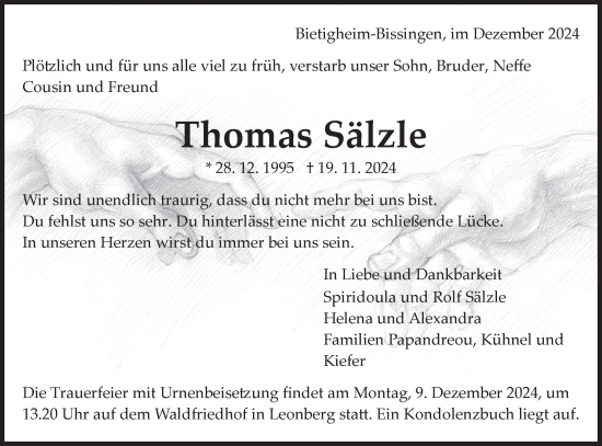 Traueranzeige von Thomas Sälzle von Bietigheimer Zeitung