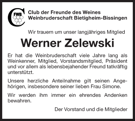 Traueranzeige von Werner Zelewski von Bietigheimer Zeitung