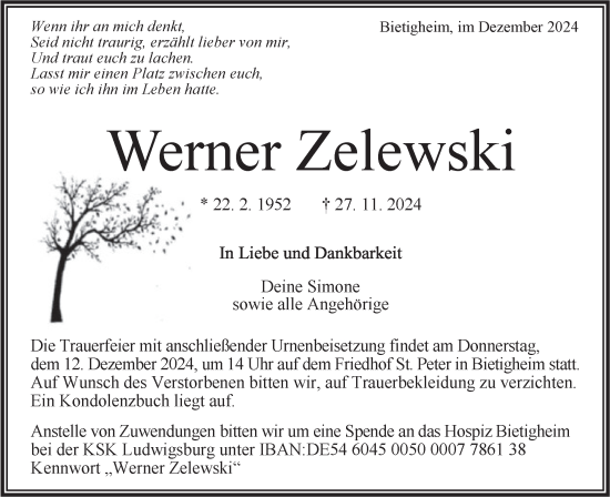 Traueranzeige von Werner Zelewski von Bietigheimer Zeitung