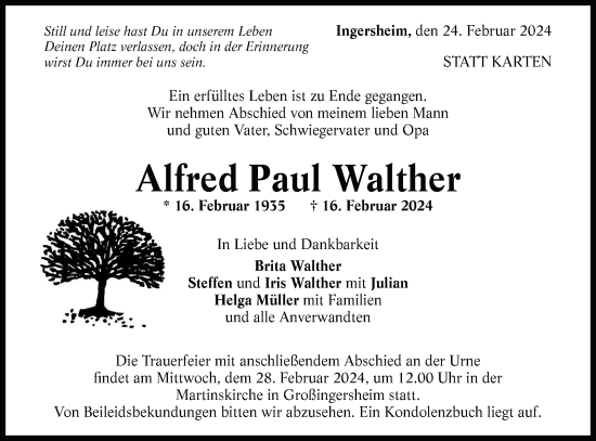 Traueranzeige von Alfred Paul Walther von Bietigheimer Zeitung