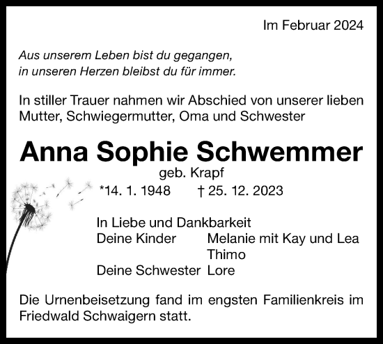 Traueranzeige von Anna Sophie Schwemmer von Bietigheimer Zeitung