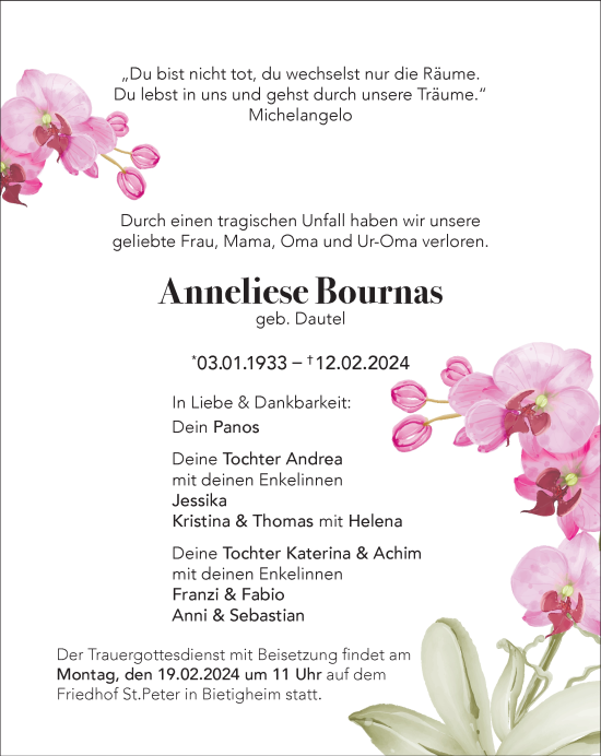 Traueranzeige von Anneliese Bournas von Bietigheimer Zeitung