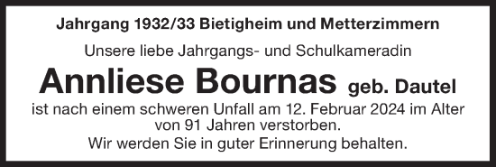 Traueranzeige von Annliese Bournas von Bietigheimer Zeitung