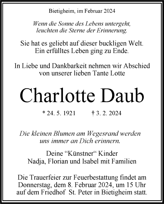 Traueranzeige von Charlotte Daub von Bietigheimer Zeitung