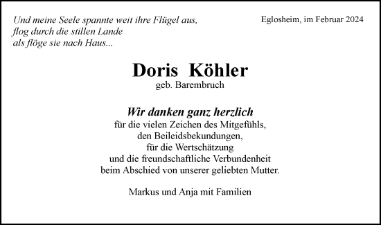 Traueranzeige von Doris Köhler von Bietigheimer Zeitung