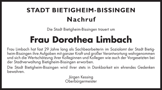 Traueranzeige von Dorothea Limbach von Bietigheimer Zeitung