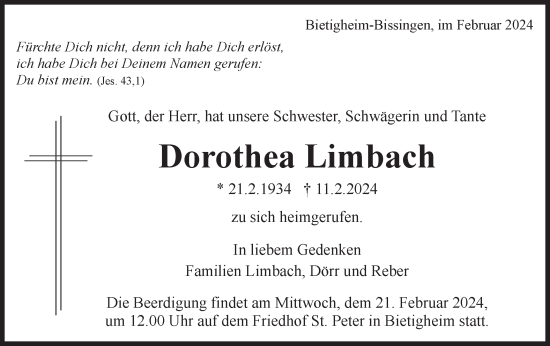 Traueranzeige von Dorothea Limbach von Bietigheimer Zeitung