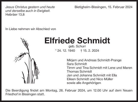 Traueranzeige von Elfriede Schmidt von Bietigheimer Zeitung