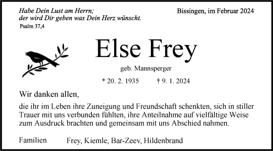 Traueranzeige von Else Frey von Bietigheimer Zeitung