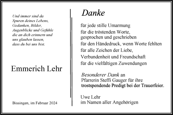 Traueranzeige von Emmerich Lehr von Bietigheimer Zeitung