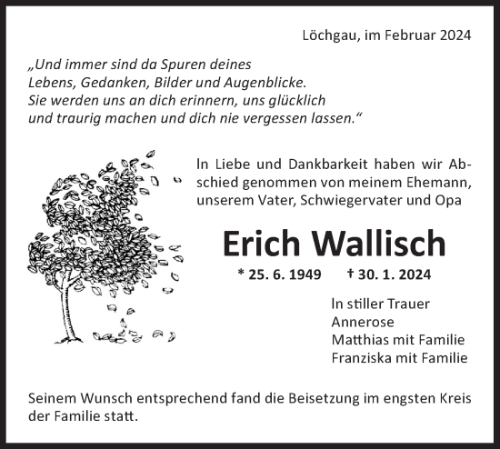 Traueranzeige von Erich Wallisch von Bietigheimer Zeitung