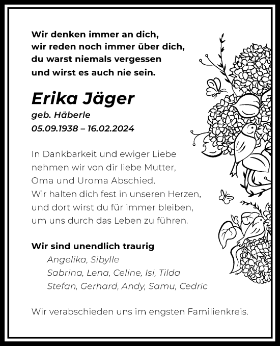 Traueranzeige von Erika Jäger von Bietigheimer Zeitung
