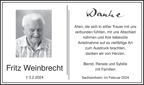 Traueranzeige von Fritz Weinbrecht von Bietigheimer Zeitung