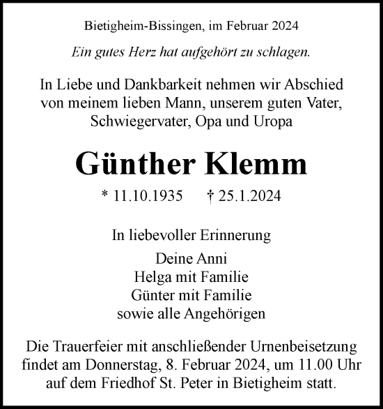 Traueranzeige von Günther Klemm von Bietigheimer Zeitung