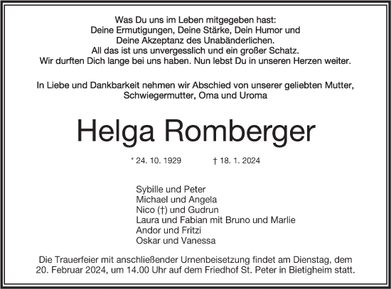 Traueranzeige von Helga Romberger von Bietigheimer Zeitung