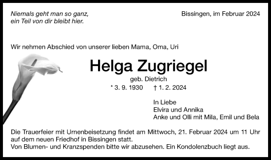 Traueranzeige von Helga Zugriegel von Bietigheimer Zeitung