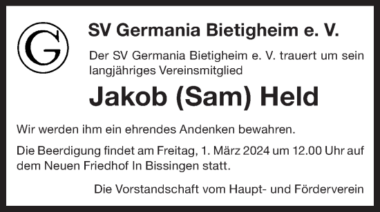 Traueranzeige von Jakob Held von Bietigheimer Zeitung