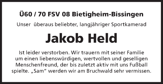 Traueranzeige von Jakob Held von Bietigheimer Zeitung