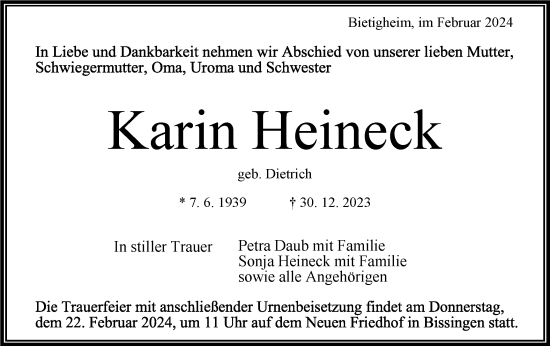 Traueranzeige von Karin Heineck von Bietigheimer Zeitung