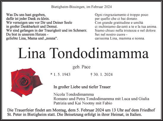 Traueranzeige von Lina Tondodimamma von Bietigheimer Zeitung