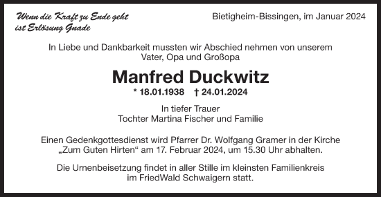 Traueranzeige von Manfred Duckwitz von Bietigheimer Zeitung