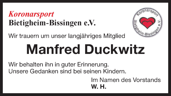 Traueranzeige von Manfred Duckwitz von Bietigheimer Zeitung