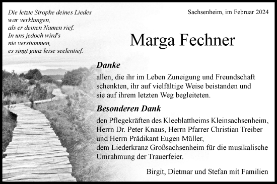 Traueranzeige von Marga Fechner von Bietigheimer Zeitung