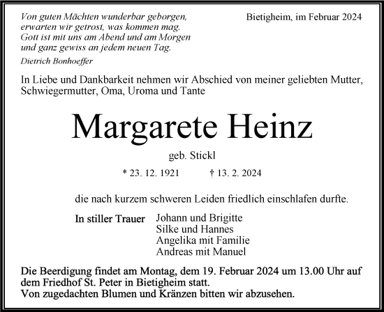 Traueranzeige von Margarete Heinz von Bietigheimer Zeitung