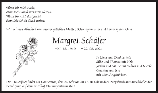 Traueranzeige von Margret Schäfer von Bietigheimer Zeitung