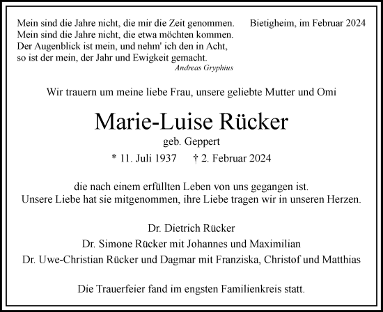 Traueranzeige von Marie-Luise Rücker von Bietigheimer Zeitung