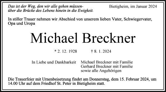 Traueranzeige von Michael Breckner von Bietigheimer Zeitung