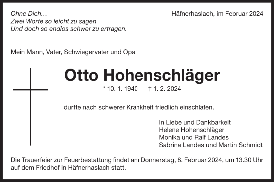 Traueranzeige von Otto Hohenschläger von Bietigheimer Zeitung