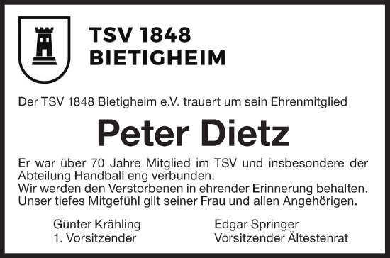 Traueranzeige von Peter Dietz von Bietigheimer Zeitung