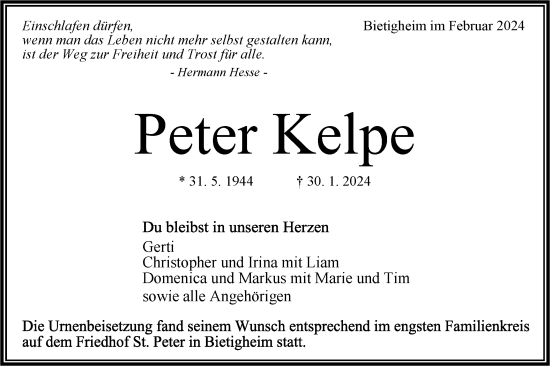 Traueranzeige von Peter Kelpe von Bietigheimer Zeitung