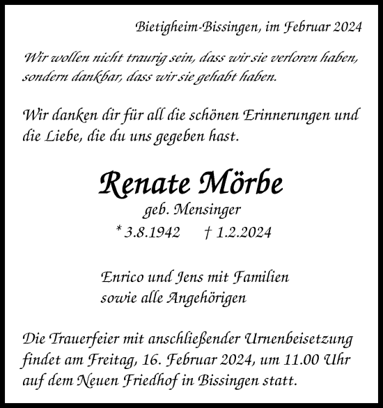 Traueranzeige von Renate Mörbe von Bietigheimer Zeitung