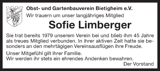 Traueranzeige von Sofie Limberger von Bietigheimer Zeitung