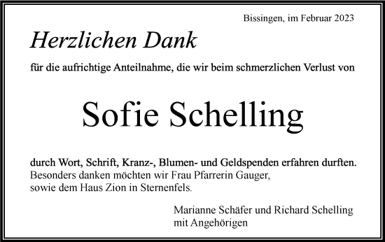 Traueranzeige von Sofie Schelling von Bietigheimer Zeitung