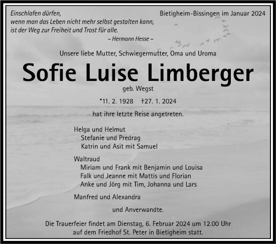 Traueranzeige von Sofie Luise Limberger von Bietigheimer Zeitung