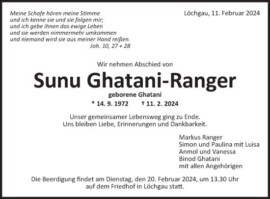 Traueranzeige von Sunu Ghatani-Ranger von Bietigheimer Zeitung