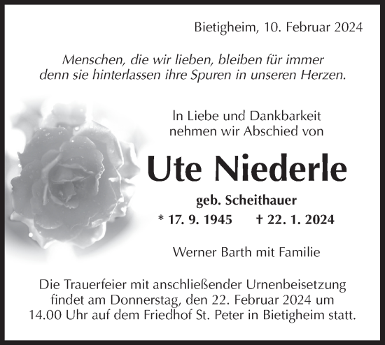 Traueranzeige von Ute Niederle von Bietigheimer Zeitung